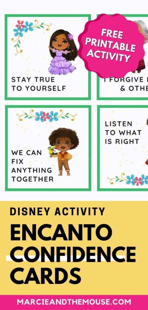 Free Encanto Printable Confidence Cards for Kids - Marcie in Mommyland Encanto Therapy Activities, Encanto Characters Printable, Encanto Free Printable, Encanto Classroom, Encanto Printables, Encanto Theme, Kids Therapy, Encanto Birthday, Disney Activities