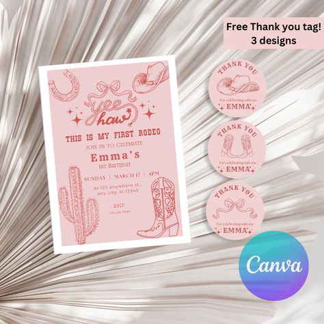 First birthday invitation western cowgirl invitation template first rodeo invitation Canva editable digital invitation First Rodeo Birthday Party, Rodeo Birthday Party, Cowgirl Invitations, Barnyard Bash, First Rodeo Birthday, Playful Fonts, 1st Rodeo, Rodeo Birthday Parties, Rootin Tootin