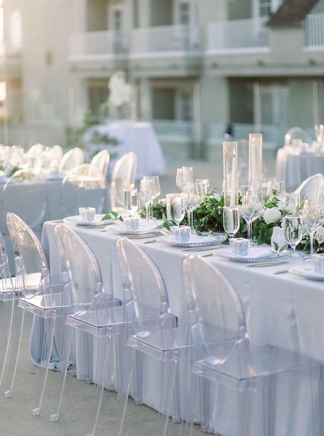 Ghost Chair Wedding, Greenery Centerpieces, Wedding Reception Chairs, Transparent Chair, Clear Chairs, Champagne Wall, Furniture Acrylic, Reception Backdrop, Greenery Centerpiece