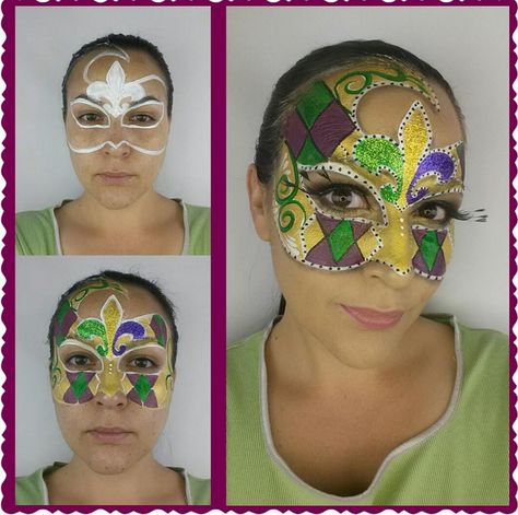 Mardi Gras Face Paint Ideas, Mardi Gras Face Paint, Mardi Gras Parade Outfit, Mardi Gras Attire, Mardi Gras Makeup, Themed Makeup, Face Paints, Mardi Gras Parade, Face Paint Makeup