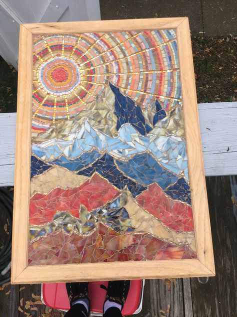 Mosaic Mountains Ideas, Mosaic Mountain Scenes, Mosaic Gift Ideas, Mosaic Mountains, Mountain Mosaic, Sun Mosaic, Pottery Mosaic, Artistic Pottery, Landscape Mosaic