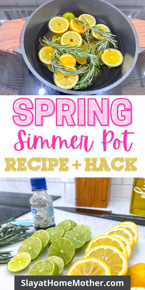 Freshen your home with this natural stovetop potpourri (simmer pot) recipe! With fresh-cut lemons, rosemary, and vanilla extract - it's just what your home needs! Plus, see how you can use your simmer pot ingredients for a cleaning hack when you're done with your potpourri! #simmerpot #stovetoppotpourri #slayathomemother #naturalliving #easyrecipes Lemon Simmer Pot, Simmer Pot Ingredients, Crockpot Potpourri, Spring Simmer Pot, Simmer Potpourri, Spring Potpourri, Potpourri Recipe, Make Your House Smell Amazing, Simmer Pots