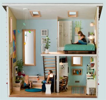 Loft Dollhouse, Corner Shower Stalls, Mini Creations, Mini Loft, Loft Interior, Room Boxes, Loft Interiors, Toy House, Loft House