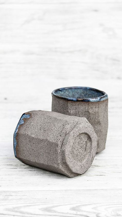 Double espresso cup, tea cup, hand carved from a single block of gray stoneware clay, inspired be Japanese kurinuki art. Glazed inside with blueish satin glaze. Hand built, simple, minimalist drinking vessel. Very unique Christmas, Thanksgiving, birthday gift for wife, mom, dad, hasband, coffee lovers Small Tea Cups, Artisan Pottery, Double Espresso, Rough Texture, Grayish Blue, Wicker Bags, Carved Stone, Cool Mugs, Take Two