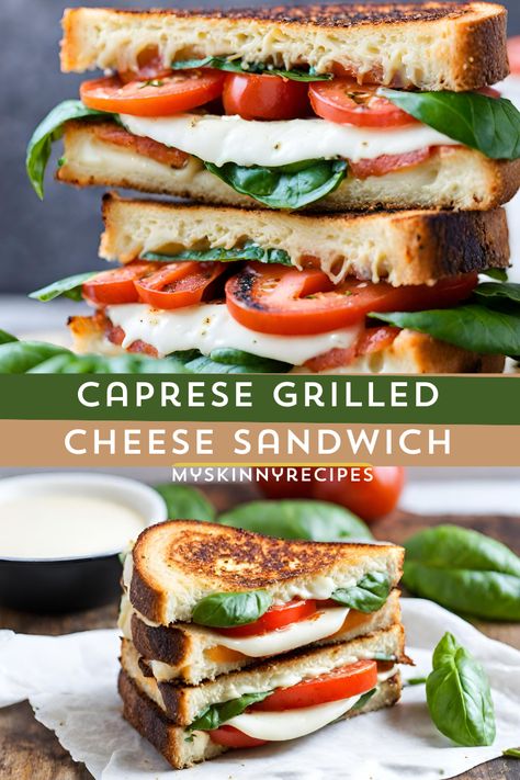 Caprese Grilled Cheese Sandwich: A mouthwatering twist on a classic favorite. Layers of fresh mozzarella, tomatoes, and basil, drizzled with balsamic glaze, sandwiched between golden, buttery bread. Perfect for a quick and delicious lunch or dinner #myskinnyrecipes #Caprese Grilled Cheese Sandwich Pesto Tomato Mozzarella Sandwich, Tomato Mozzarella Sandwich, Caprese Grilled Cheese, Mozzarella Sandwich, Caprese Sandwich, Gourmet Grilling, Bread Sourdough, Special Occasion Food, Tomato Mozzarella