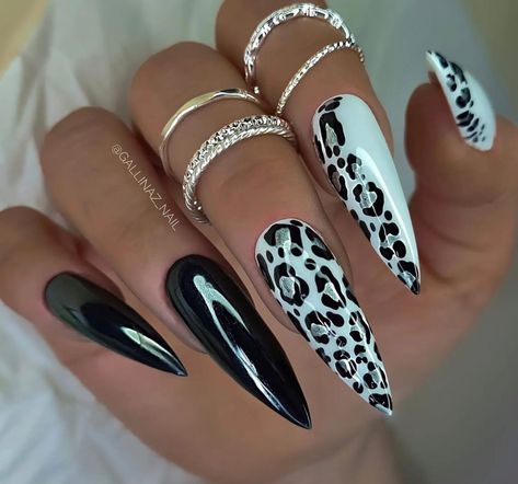 White Leopard Nail Designs, Snow Leopard Nails, White Leopard Nails, Gloss Nails, Leopard Nail Designs, Long Almond Nails, Black White Nails, Print Nails, Leopard Nails