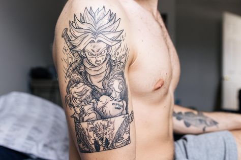 Trunks Tattoo #trunkstattoo#trunks #dragonballtattoos Future Trunks Tattoo Design, Future Trunks Tattoo, Trunks Tattoo Ideas, Trunk Tattoo, Trunks Tattoo, Trunks Manga, Stones Tattoo, Dbz Tattoo, Stone Tattoo