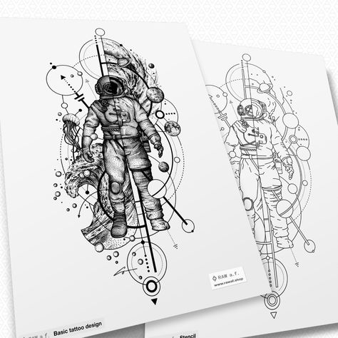 Dotwork astronaut galaxy diver tattoo design / A vertically split tattoo design with astronaut and diver, spiced up with geometric shapes and galaxy vs. underwater decorations. Astronaut Tattoo Design, Galaxy Tattoo Design, Scuba Diver Tattoo, Diver Tattoo, Astronaut Tattoo, Tattoo Dotwork, Underwater Theme, Galaxy Tattoo, Ocean Tattoos