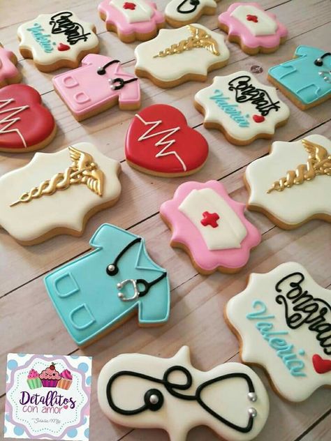 Ideas For Nurse Graduation Party, Nurse Theme Cookies, Nursing Cookies Graduation, Nursing School Graduation Cookies, Medical School Graduation Cookies, Nursing School Cookies, Nursing Grad Cookies, Medical Decorated Cookies, Nurse Practitioner Cookies