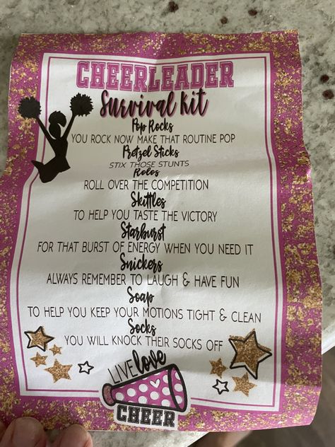 Cheer Survival Kit Ideas, Cheerleading Survival Kit, Cheer Survival Kit, Survival Kit Ideas, Cheer Competition, Dance Team Gifts, Cheer Ideas, Competitive Cheer, Kit Ideas