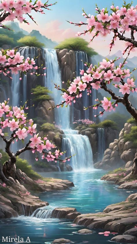 Spring Scenery, Waterfall Pictures, Beautiful Scenery Photography, Art Tutorials Watercolor, Beautiful Scenery Pictures, Lovely Flowers Wallpaper, Scenery Pictures, Beautiful Art Pictures, Waterfall Photography