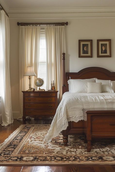 29 Vintage Bedroom Ideas for a Nostalgic Feel 21 Traditional Classic Bedroom, Classic Timeless Bedroom Decor, Traditional Rustic Bedroom, Traditional Vintage Home Decor, Traditional Bedroom Aesthetic, Minimalist Colonial Interior Design, Modern Traditional Interior Design Bedroom, New England Bedroom Decor, Traditional Master Bedrooms Decor Ideas