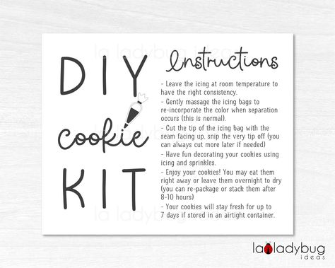 "DIY Cookie kit instructions. DIY cookie kit directions. Cookie kit instructions card. DIY Cookie box instructions card. Printable card. Download and print your Instructions card for DIY Cookie Kit. Card size is: 5\"x4\". * * * * You will receive * * * * 1 PDF file (US letter size, 8.5\"x11\") with 4 cards (5\"x4\" each) * * * * Please note * * * * - This listing is for the digital file ONLY. No printed materials or physical items will be shipped with this listing. - The colors may vary from the Cookie Decorating Kit Instructions, Diy Cookie Decorating Kit Instructions, Cookie Kit Instructions Printable, Cookie Kit Ideas, Cookie Diy Kit, Diy Cookie Decorating Kit, Diy Cookie Kit Instructions, Cookie Kit Instructions, Diy Sugar Cookies