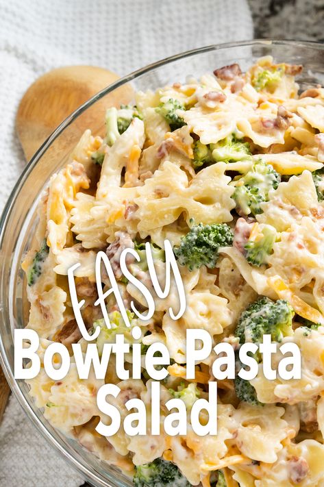 Creamy bowtie pasta salad in a bowl. Pasta And Broccoli Salad, Bowtie Salad Recipes, Mini Farfalle Pasta Salad, Sweet Bowtie Pasta Salad, Cold Pasta Salad Recipes Bow Ties, Cold Bow Tie Pasta Salad Recipes, Bow Tie Cold Pasta Recipes, Broccoli Cheese Pasta Salad, Pasta Broccoli Salad Recipes