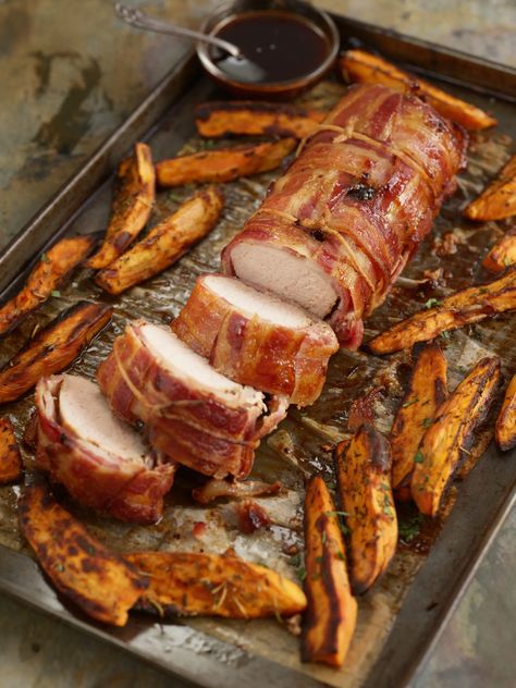 Bacon Weave Pork Loin | Smithfield Bacon Weave, Pork Loin Recipe, Teriyaki Pork, Pork Lettuce Wraps, Bacon Fries, Pork Loin Recipes, Mint Salad, Pork Ham, Holiday Eating