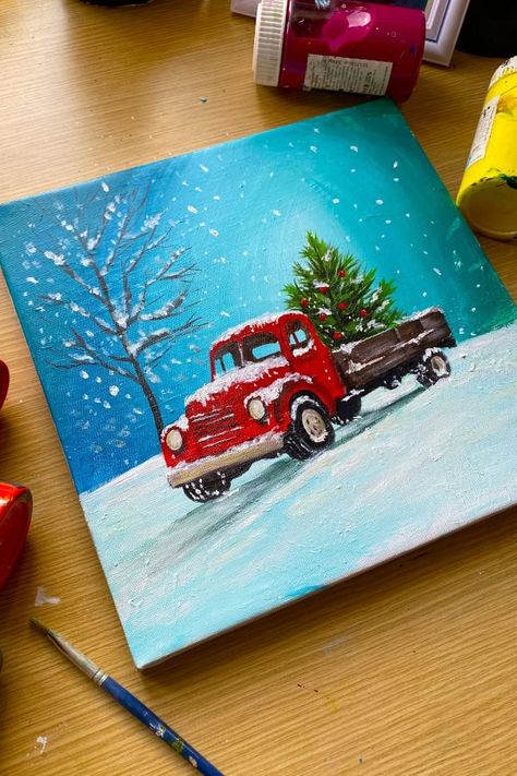 20 Christmas Paintings on Canvas Ideas for a Cozy Holiday Look Winter Painting For Kids, Christmas Painting Acrylic, Christmas Paintings On Canvas Acrylics, Canvas Christmas Painting, Painting Ideas On Canvas Acrylic, Winter Scene Paintings, Winter Drawing, Diy Christmas Paintings, Holiday Canvas