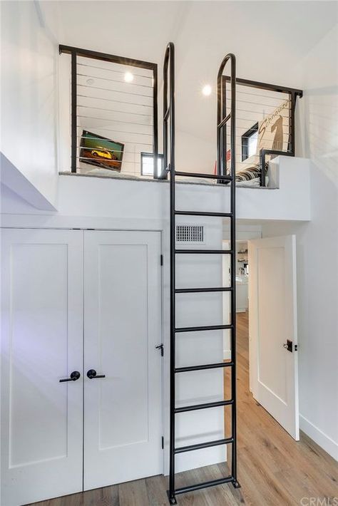 Hidden loft Ladder To Mezzanine, Mezzanine Decor Ideas, Hidden Loft Room, Hidden Loft Bed, Loft Nook Ideas, Scandanavian Interiors Bedroom, Loft Spaces Upstairs, Roof Stairs, Room With Loft