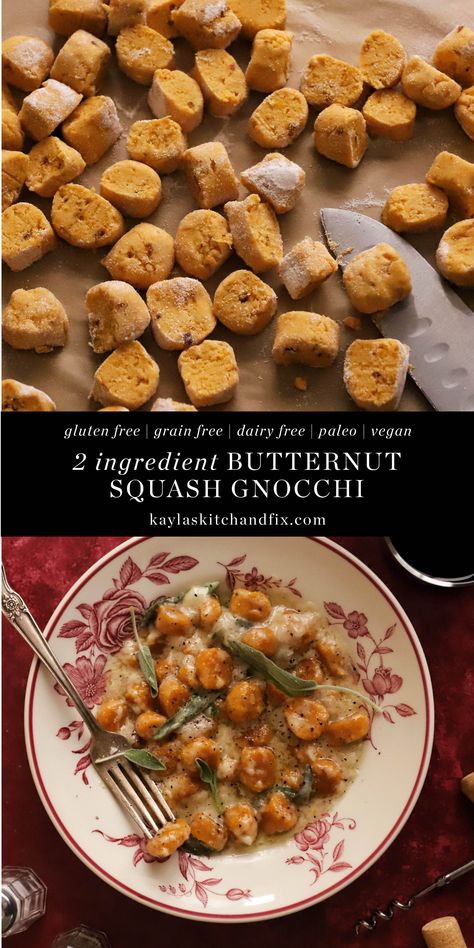 This 2 ingredient Butternut Squash Gnocchi with a buttery Sage Cream Sauce may be one of the best things I’ve ever made and I’m honestly shocked at how easy it is too. It basically tastes like a combination of gnocchi and Thanksgiving stuffing… I mean what more could you want? Plus, it’s vegan, gluten free and dairy free with options to make it paleo as well. Winter Recipes Gluten Free, Gluten Free Butternut Squash Gnocchi, Dairy Free Stuffing Recipe, Vegan Butternut Squash Gnocchi, Butternut Squash Paleo, Vegan Recipes With Butternut Squash, Aip Squash Recipes, Butternut Recipes Healthy, Butternut Squash Gnocchi Recipes