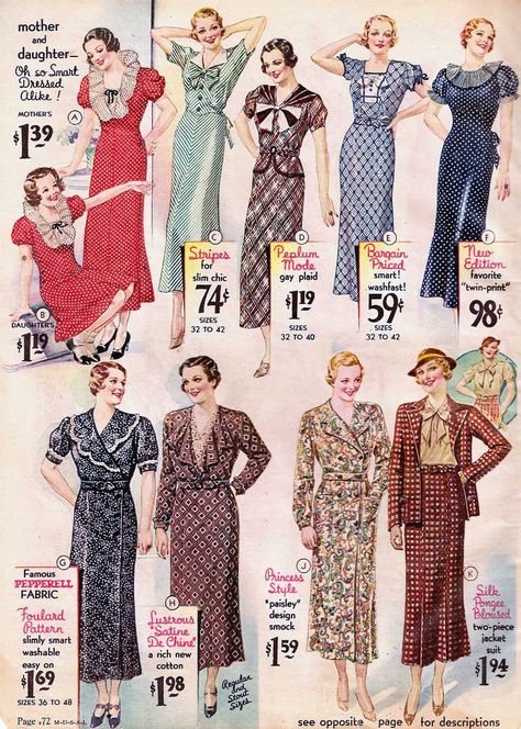 Sears catalog 1934. Insane! Not even $2! In this day in age, dresses like that would range from $50-$100! 1930s Life, 30s Women, 1930s Outfits, 1930s Fashion Women, Vintage Fashion 1930s, 1930 Fashion, 1930's Fashion, Patron Vintage, Sears Catalog