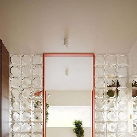 Vinterior on Instagram: "Contemporary with a retro twist 🧡  Initially used in the early 20th century, glass blocks gained prominence during the Art Deco era for their functionality and aesthetic appeal. They became emblematic of mid-century modernism, adorning walls, windows, and partitions in residential and commercial spaces.  Are you a fan? 🧊  Bathroom design by @framuga_studio @vistas.design.   #glassbricks #bathroomdesign #homeinspo #retrodesign" Shed Bathroom, Dutch House, Room Of One's Own, Bathroom Fan, Desert Homes, Wall Finishes, Glass Blocks, 3d Visualization, Through The Looking Glass