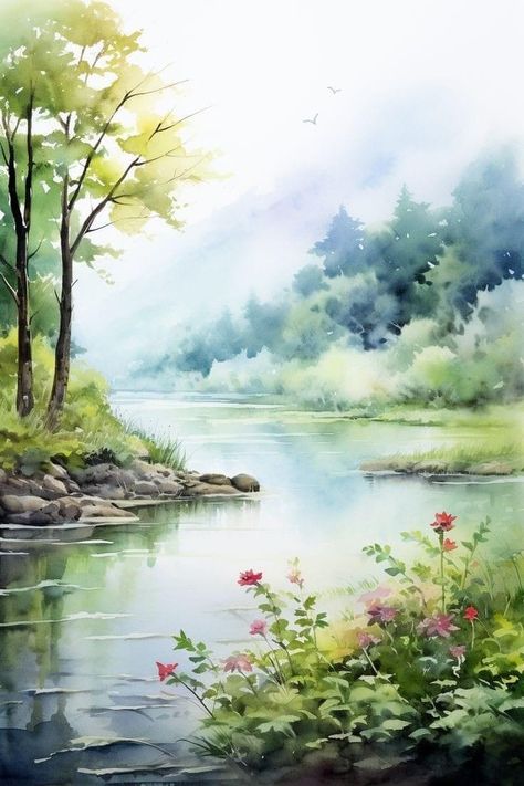 Landscape Paintings Watercolor, Easy Watercolor Landscape, Landscape Painting Watercolor, Painting Guide, Watercolor House Painting, Watercolor Scenery, Beautiful Landscape Paintings, Watercolor Paintings Nature, Mediums Of Art