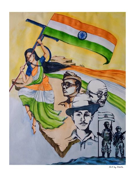 Jai Bharat mata ki Jay Independence Day Poster Making Ideas, My India My Pride Poster, Ek Bharat Shreshtha Bharat Posters, Patriotism Drawing, Bharat Mata Drawing, Human Watercolor, Protest Artwork, Subject Painting, Subject Drawing