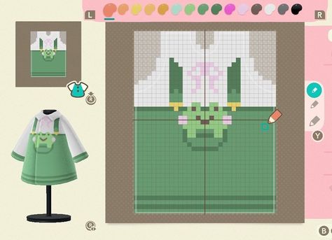 @emma_acnh on Instagram: “A few designs I made that are both frog themed! I find them really cute :) Code for frog dress- MO-TY1R-F6RM-NWFX Code for frog sweater-…” Animal Crossing Dress Design Grid, Animal Crossing Sweater Design Grid, Acnh Frog Designs, Acnh Clothing Template, Acnh Templates, Acnh Clothes Design, Frog Sweater, Frog Dress, Acnh Clothes