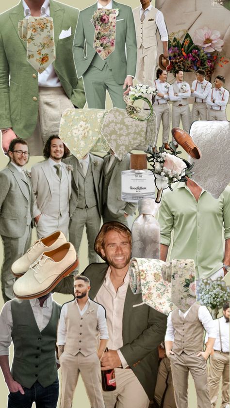 Shades of green, linen, and tan. Pink floral ties. Do what best fits your body type (plane shirt, vest, suspenders). Green Groomsmen Attire, Linen Groomsmen, Green Groomsmen, Floral Ties, Groomsmen Outfits, Wedding Groomsmen, Different Shades Of Green, Shirt Vest, Groom Outfit