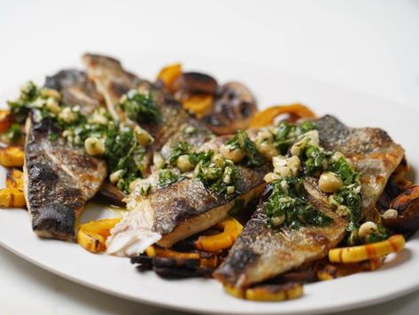 Get Roasted Trout with Hazelnut Gremolata Recipe from Food Network Hazelnut Gremolata, Gremolata Recipe, Giada De Laurentiis Recipes, Giada Recipes, Delicata Squash, Giada De Laurentiis, Food Family, Italian Dishes, Seafood Dishes