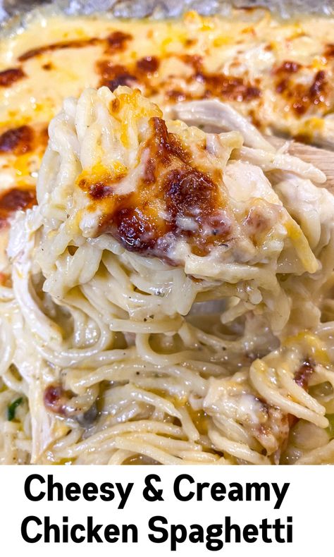 Cheesy and Creamy Chicken Spaghetti is the perfect solution for a weeknight meal. Loaded with tender pieces of chicken and noodles, all nestled in a super flavorful creamy sauce. #spaghetti #chickenspaghettirecipes #cheese #alfredo #spaghetti #dinner Chicken Spaghetti Recipe With Cream Of Mushroom, The Amazing Chicken Spaghetti, Chicken Spaghetti With Cream Of Mushroom, Cheap Chicken Spaghetti Recipe, Chicken Spaghetti Recipe With Cream Cheese, Chicken Spaghetti With Cream Of Chicken, Gooey Chicken Spaghetti, Chicken Spegetti Recipies, Chicken Alfredo Spaghetti Bake