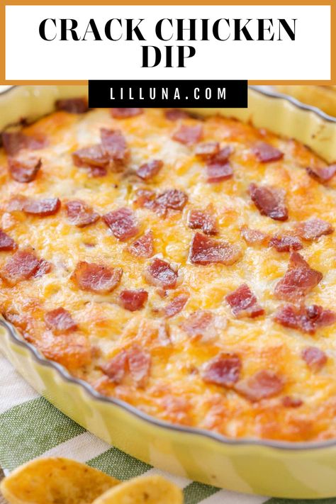 Bacon, Ranch seasoning, and cheese create a flavor trifecta in this irresistible crack chicken dip - hot and cheesy and prepped in 5 minutes! #crackchickendip #chicken #dip #appetizers Chicken Bacon Dip Recipes, Cracked Chicken Dip, Smoked Chicken Dip, Chicken Dip Appetizers, Chicken Bacon Ranch Recipes, Ranch Appetizers, Dip With Chicken, Chicken Bacon Ranch Dip, Chicken Ranch Dip