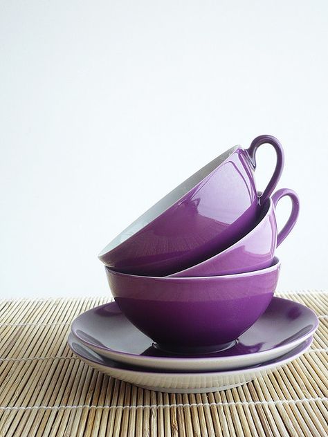 05--------------------------------------Moodboard Element, Colour Themed Image. Purple Tea Cups, Purple Tea, Purple Cups, Purple Kitchen, Purple Coffee, Tea Cups And Saucers, Pastel Decor, Purple Home, Purple Reign