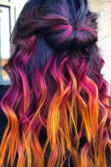 Fire Ombre Hair, Sunset Hair Color, Sunset Hair, Red Ombre Hair, Trending Hair, Fire Hair, Galaxy Hair, Vivid Hair Color, Peekaboo Hair