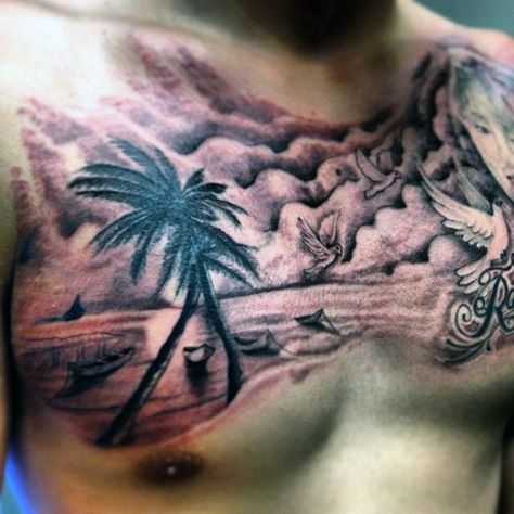 Mens Chest Beach Tattoo With Flying Doves Tree Tattoo Men Chest, Beach Chest Tattoo, Beach Tattoo For Men, Palm Tree Tattoo Men, Pelican Tattoo, Scenery Tattoo, Tree Tattoo Men, Tattoo Tree, Cool Half Sleeve Tattoos