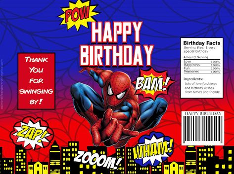 Spiderman chip bag label free from asimplelifeandeverythingnice.com - Google Drive Chip Bag Printable, Spiderman Birthday Party Decorations, 4de Verjaardag, Candy Bar Wrapper Template, Spiderman Theme, Spiderman Birthday Party, Bag Label, Birthday Pins, Diy Party Favors