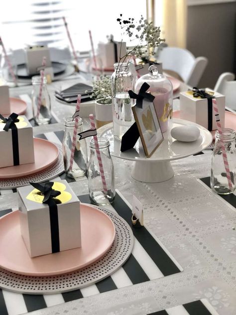 Black And Pink Valentines Decor, Black White Pink Party Theme, Black And Pink Tablescape, Ladies Valentine Party Ideas, Black And Pink Theme Party, Pink And Black Party Theme, Black White And Pink Party, Pink Black Gold Party, Adult Birthday Themes