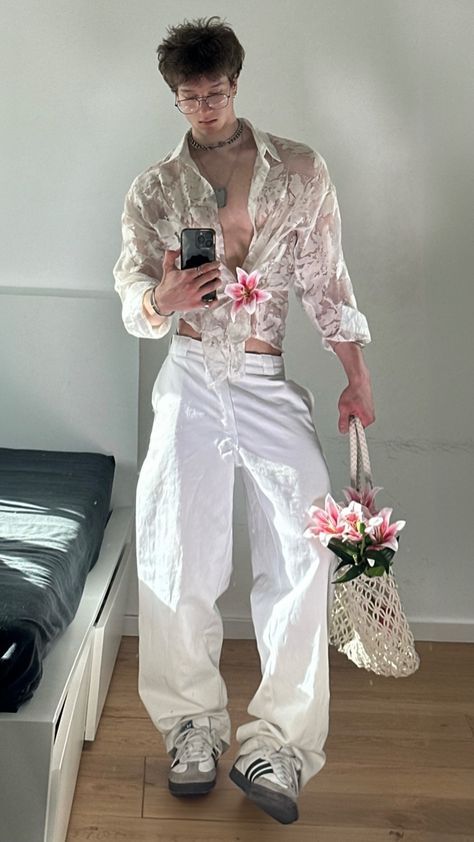 Transparent Outfit Fashion, Fairy Garden Outfit Men, Button Shirt Outfit Men, Male Coquette Outfits, All White Outfit Men Casual, Angelcore Outfits Male, Coquette Men Outfit, Men Feminine Fashion, Ethereal Outfit Men