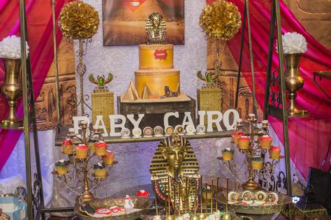 Baby shower decoration. Egyptian Theme #Cairo Dessert Tables Ideas, Royal Baby Shower Boy, Egyptian Themed Party, Baby Shower Table Cloths, Egyptian Party, Baby Shower Images, Egyptian Theme, Coming Out Party, Baby Boy Themes