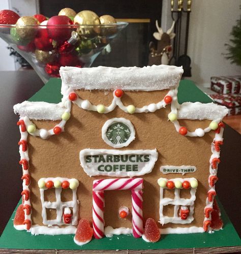 Starbucks Gingerbread House Gingerbread House Coffee Shop, Coffee Shop Gingerbread House, Taylor Swift Gingerbread House, Starbucks Gingerbread House, House Coffee Bar, Gingerbread Coffee, Christmas Desk, Classroom Christmas Activities, Homemade Gingerbread House