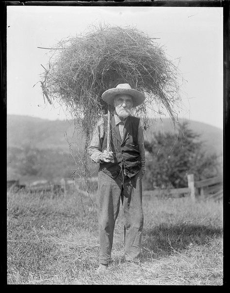 Old farmer with pitch fork full of hay, 1930. I would like to drink a cup of coffee with this man. Pitch Fork, Old Farmer, Hay Day, Boston Public Library, Of Mice And Men, Vintage Farm, Rural Life, Blue Bathroom, Old Farm