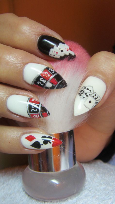 Gambling nails Gambling Nail Designs, Roulette Nails, Casino Nails Designs 777, Poker Nails Design Las Vegas, Casino Nail Art, Nail Designs Vegas, Las Vegas Nail Designs, Dice Nails Design, Gambling Nails