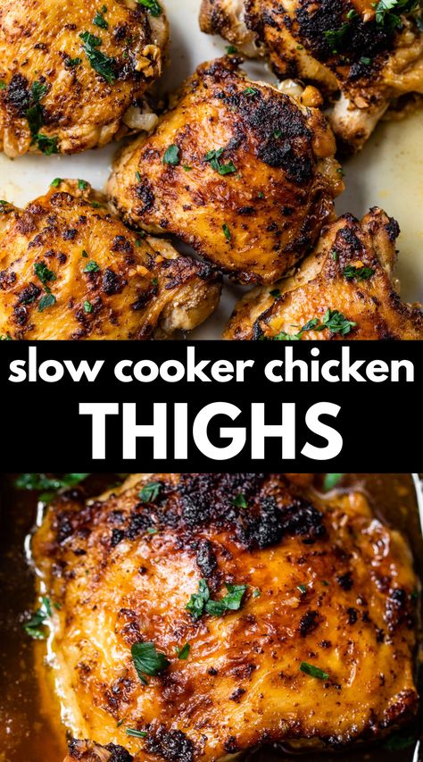 This Slow Cooker Chicken Thighs recipe will show you how to cook chicken thighs in your crock pot! The result is juicy, tender and flavorful chicken that falls right off the bone. Bone In Chicken Thigh Recipes Braised, Chicken Leg Quarters Crock Pot, Crock Pot Chicken Thighs Bone In, Crockpot Chicken Thighs Bone In, Slow Cooker Boneless Chicken Thighs, Bone In Chicken Thighs Recipes Crockpot, Healthy Slow Cooker Chicken Recipes, Italian Chicken Thighs, Slow Cooker Roast Chicken