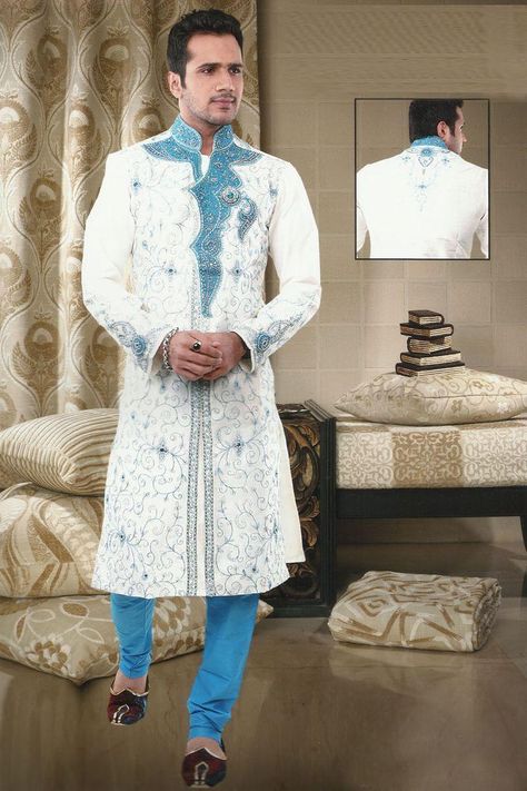 Traditional Indian Clothes, Blue Sherwani, Outfit Traditional, Embroidered Sherwani, Deep Sky Blue, Traditional Indian Clothing, Wedding Sherwani, Silk Kurta, Dupion Silk