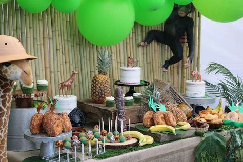 Safari Birthday Party | CatchMyParty.com Welcome 2 The Jungle Birthday Party, Welcome Two The Jungle, Jungle Fest, Jungle Birthday Party Ideas, Safari Baby Shower Boy, Pineapple Theme, Jungle Theme Parties, Jungle Birthday Party, 2nd Birthday Party Themes