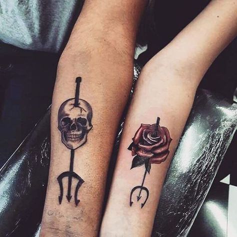 Make it pleasant for your beloved or dear person and suggest him a soulmate matching couple tattoo. Choose one of the 60+ ideas we have listed in our article. Skull Couple Tattoo, Infinity Tattoos For Couples, Unique Infinity Tattoo, Infinity Couple Tattoos, Trident Tattoo, Couple Tattoos Love, Best Couple Tattoos, Tattoos For Couples, Cute Couple Tattoos