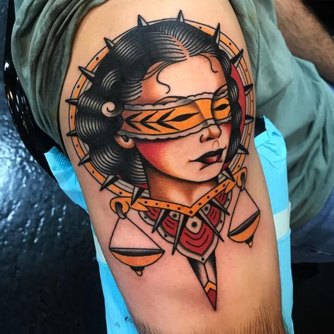 Lady Justice. Thanks Matt! Traditional Lady Justice Tattoo, Mask Tattoos, Traditional Tattoo Woman, Justice Tattoo, Lady Justice, Tattoo Traditional, Bordeaux France, Tattoo On, Traditional Tattoo