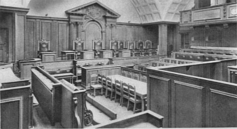 The empty courtroom No. 1 at the Old Bailey. The Old Bailey, also known as Justice Hall, the Sessions House, and the Central Criminal Court, was named after the street in which it was located, just off Newgate Street and next to Newgate Prison. The building was heavily damaged by bombing in 1941 and rebuilt. Witness For The Prosecution, Law Court, College Library, London Pictures, Historical Background, To Kill A Mockingbird, Vintage London, The Old, Old Things