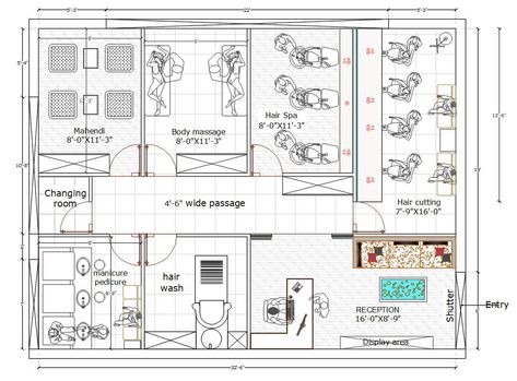 Saloon Plans Layout, Salon Layout Plan, Unisex Salon Interior Design Plan, Bloxburg Spa Layout, Bloxburg Salon Layout, Unisex Salon Design, Spa Plan Architecture Spas, Beauty Salon Layout, Spa Layout Design Floor Plans