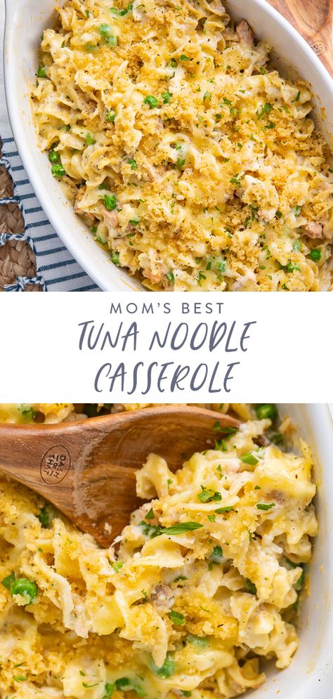 This tuna noodle casserole is the best... it's my mom and grandma's recipe! A creamy, cheesy sauce coats egg noodles, dotted with green peas and flake tuna, topped with melty cheesy and buttery breadcrumbs. This classic recipe is rich and creamy, made from scratch but so quick and easy to throw together. #cheap #easy #tunacasserole Best Tuna Noodle Casserole, Tuna Noodle Casserole Easy, Tuna Noodle Casserole Recipe, 40 Aprons, Tuna Casserole Recipes, Noodle Casserole Recipes, Tuna Noodle Casserole, Tuna Noodle, Noodle Casserole