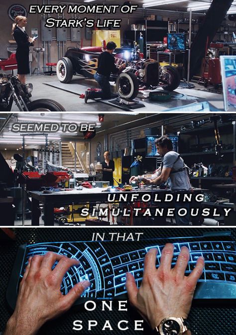 The first time that Pepper Potts had entered Tony Stark’s massive workshop, she had felt as if she were walking into a real-world representation of the inside of Stark’s head.…Someone had once said that time was what kept everything from happening at once. Pepper had decided that Stark’s workshop was the place that time forgot, because every moment of Stark’s life seemed to be unfolding simultaneously in that one space. -- "Iron Man" by Peter David Tony Stark Lab Aesthetic, Tony Stark Motivation, Iron Man Hall Of Armor, Iron Man Workshop, Tony Stark Technology, Tony Stark Lab, Iron Man Technology, Tony Stark Workshop, Real Iron Man